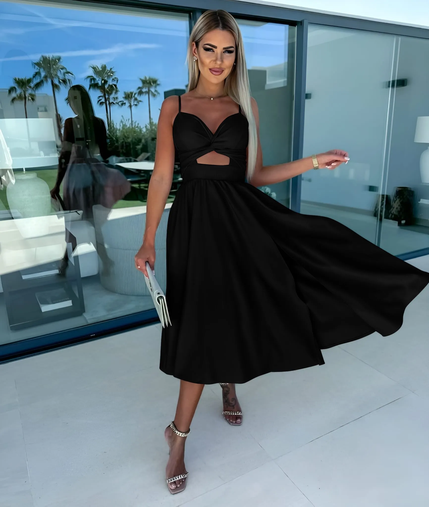 Abito Donna Scollo Cuore Bretelle Nodo Cut Out Spacco Morbido Elegante