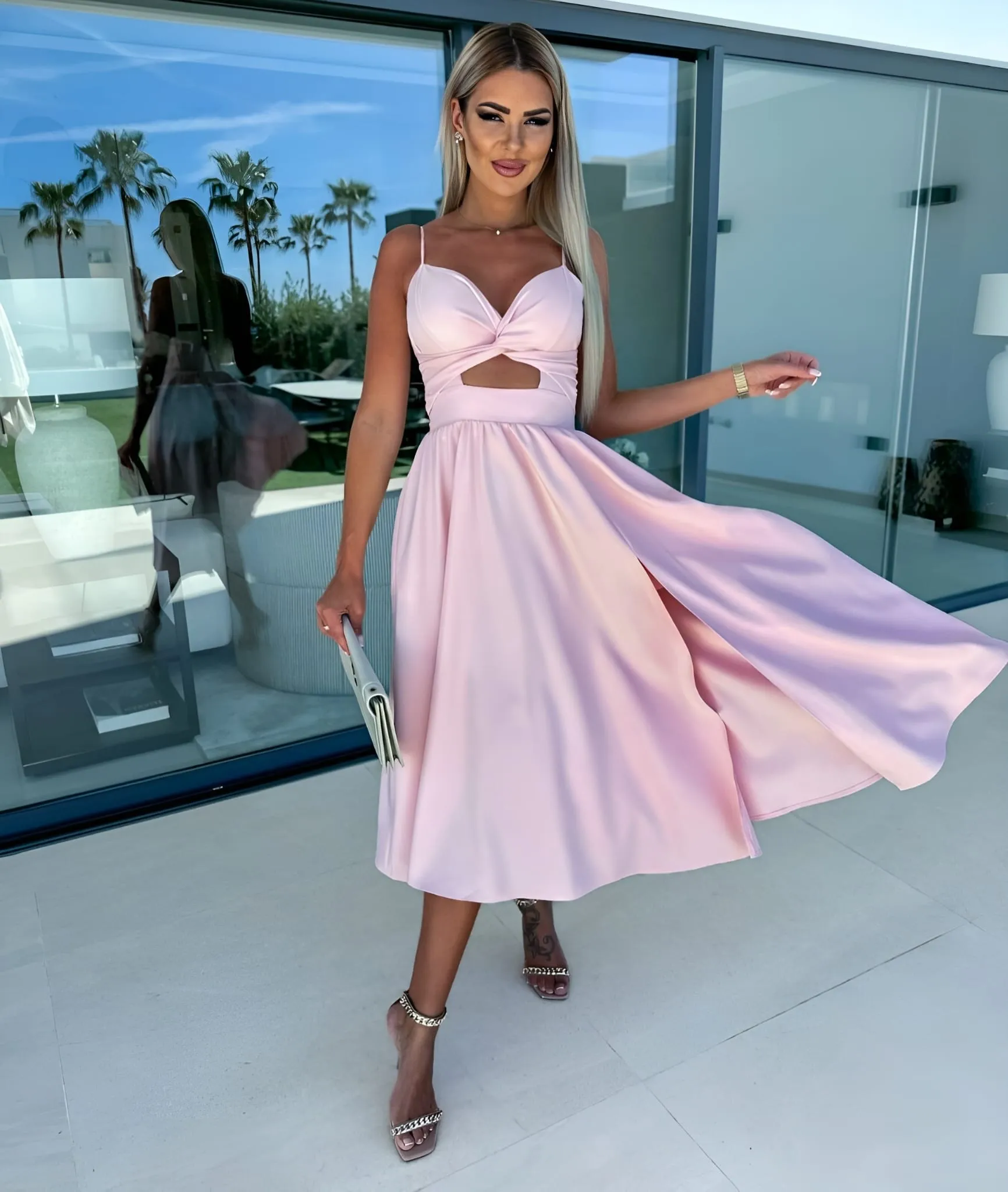 Abito Donna Scollo Cuore Bretelle Nodo Cut Out Spacco Morbido Elegante