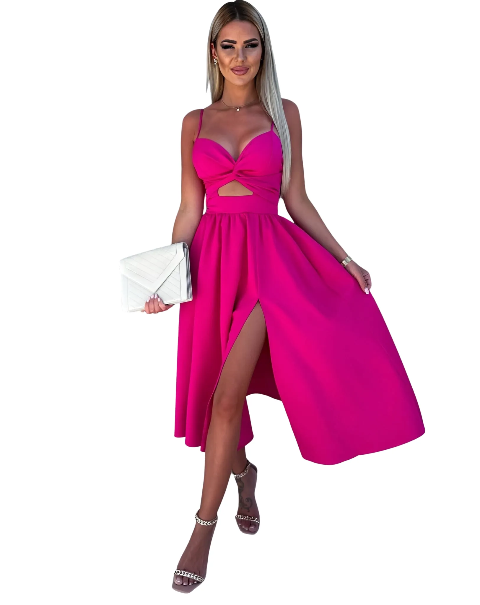 Abito Donna Scollo Cuore Bretelle Nodo Cut Out Spacco Morbido Elegante
