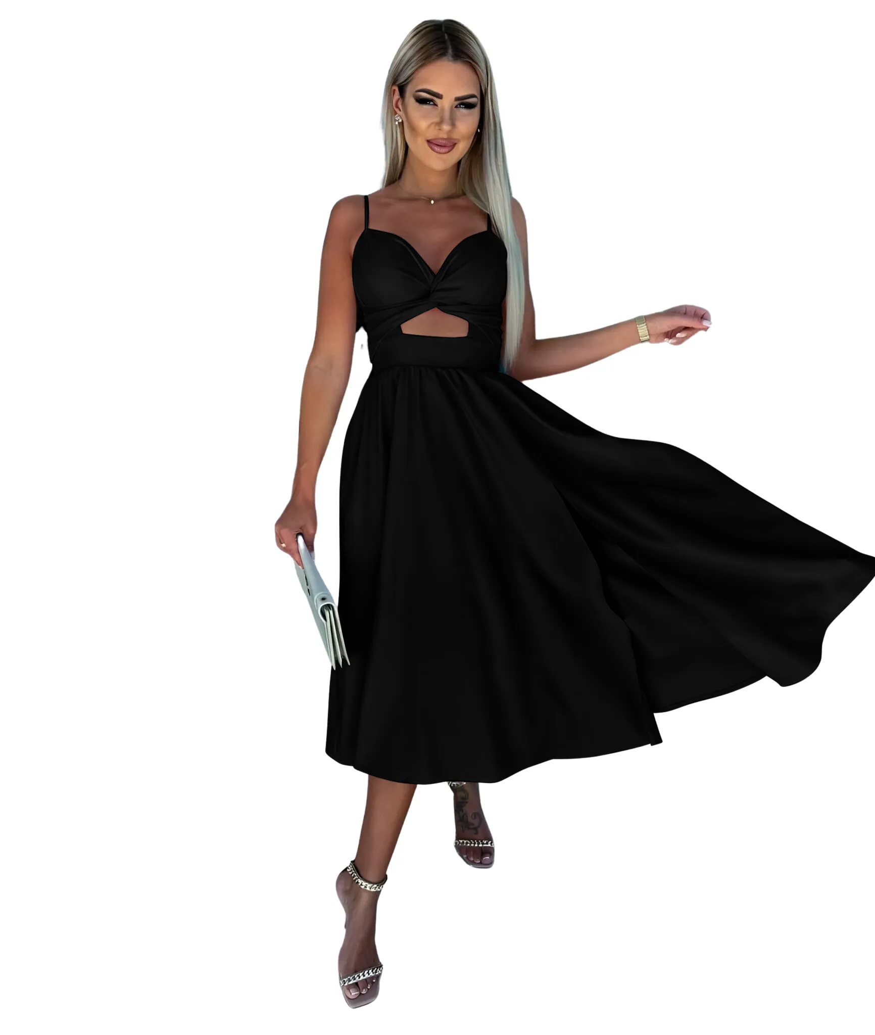 Abito Donna Scollo Cuore Bretelle Nodo Cut Out Spacco Morbido Elegante