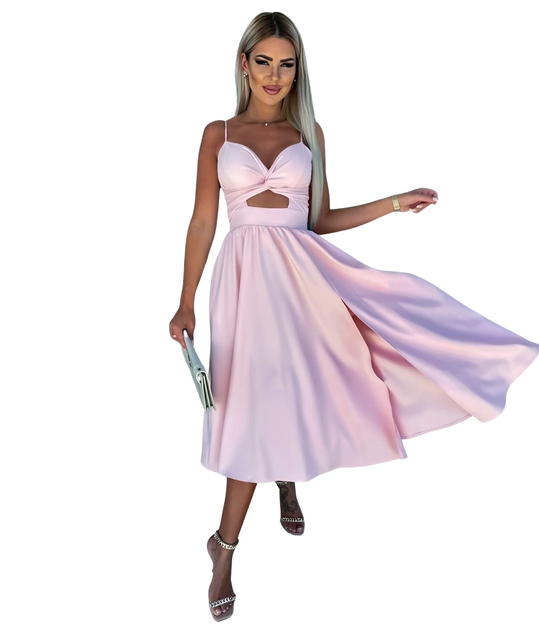 Abito Donna Scollo Cuore Bretelle Nodo Cut Out Spacco Morbido Elegante