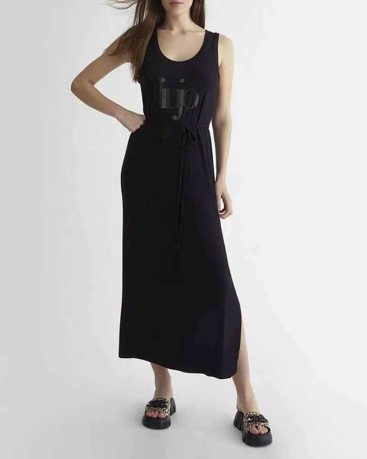 Abito lungo nero in viscosa stretch senza maniche con scritta logo ricamata tono su tono Linea Mare