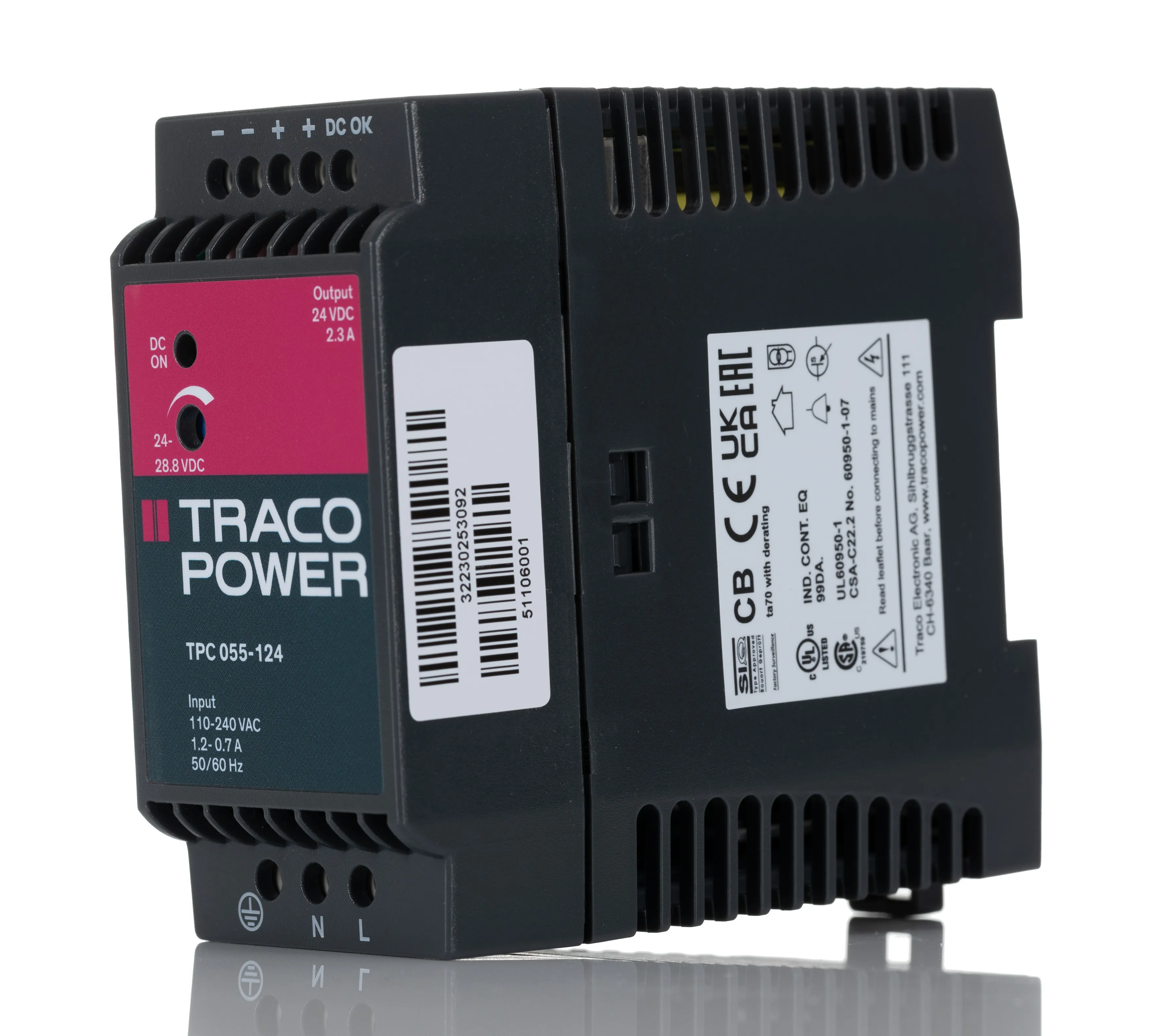 Alimentatore a montaggio su guida DIN TRACOPOWER, 24V cc, 2.3A, 85 → 264 V ac / 90 → 375V cc, 55W