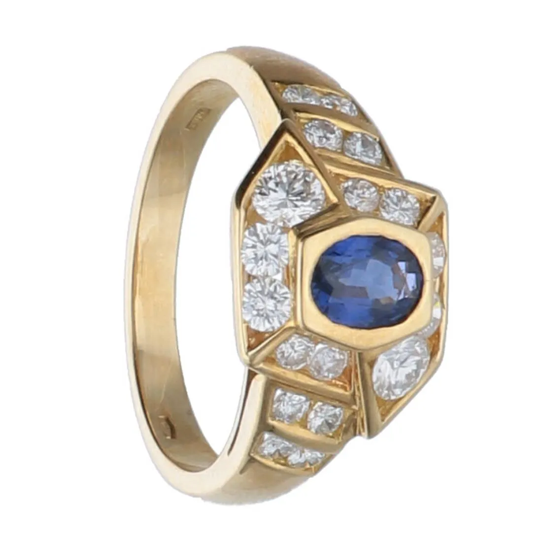 Anello in oro giallo con diamanti ct 0.48 e zaffiro ct 0.90