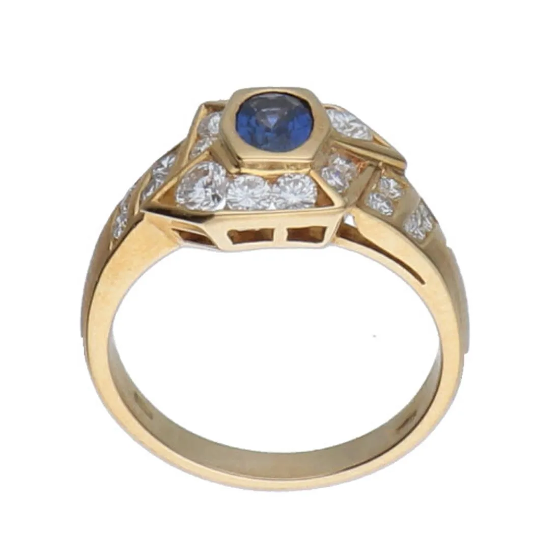 Anello in oro giallo con diamanti ct 0.48 e zaffiro ct 0.90