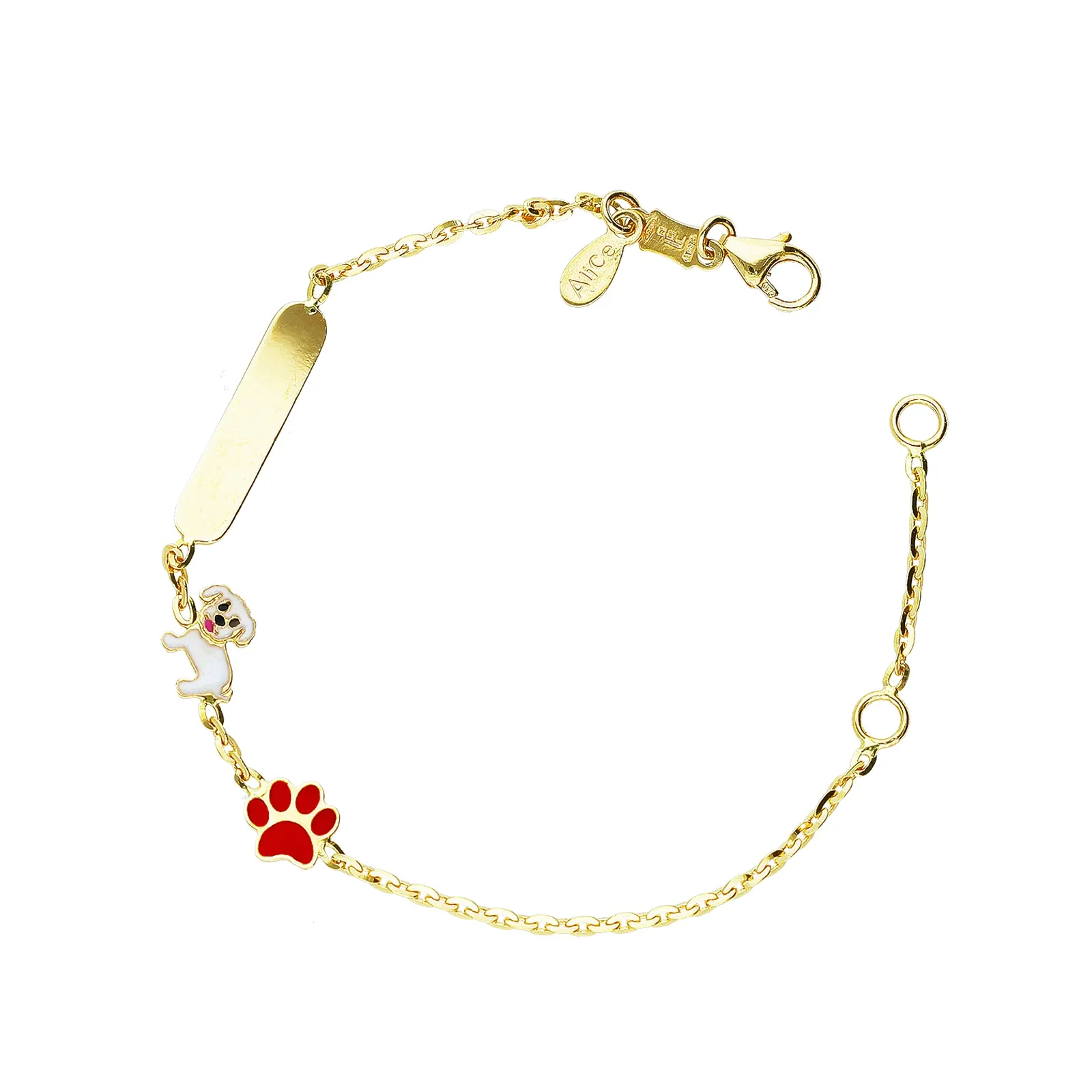 Bracciale in oro giallo 18k con cagnolino, zampa e piastrina incidibile,12+2 cm