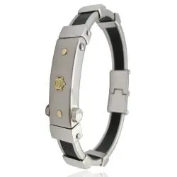 Bracciale rigido marinaro in acciaio liscio-satinato caucciu e con borchie e timone centrale in oro giallo