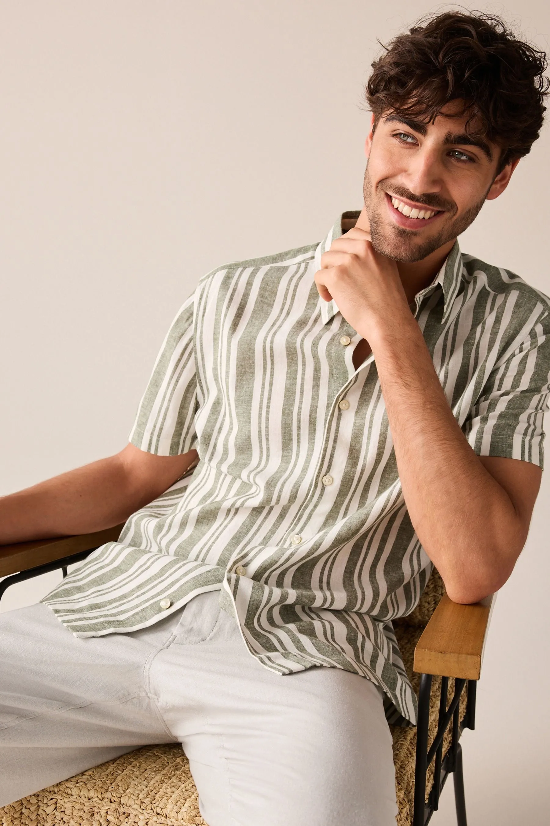 Camicia in Blend A righe Manica corta lino