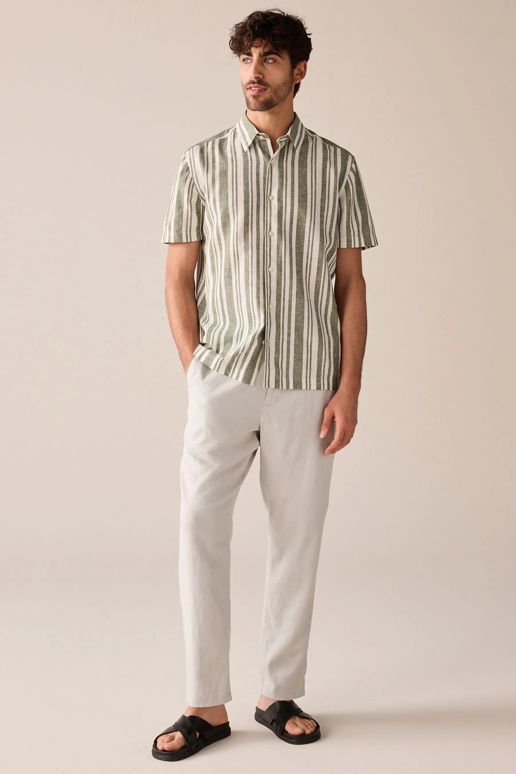 Camicia in Blend A righe Manica corta lino