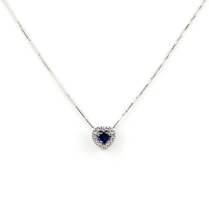 Collana cuore blu piccolo con zirconi in oro bianco