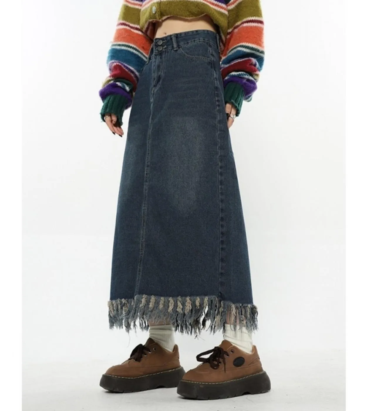 Gonna a metà corpo in denim blu da donna con nappe e pantaloni a vita alta, casual, di media lunghezza, gonna lunga da donna vin
