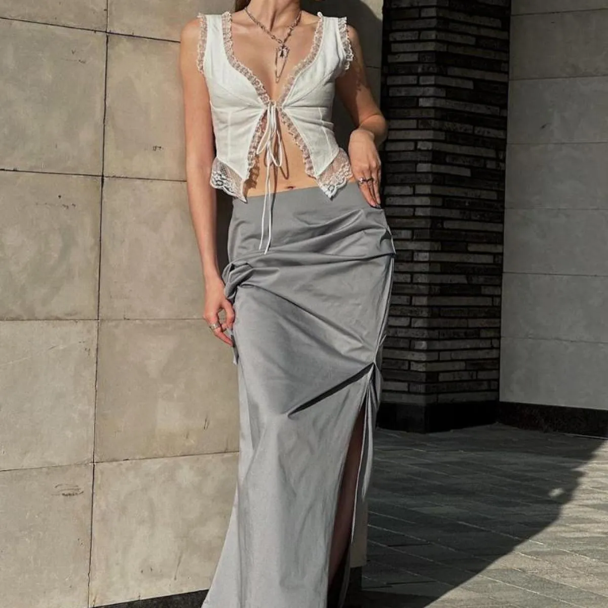 Gonna lunga a pieghe slim a vita alta Gonna lunga da donna elegante con spacco laterale High Street da donna Slim estiva l