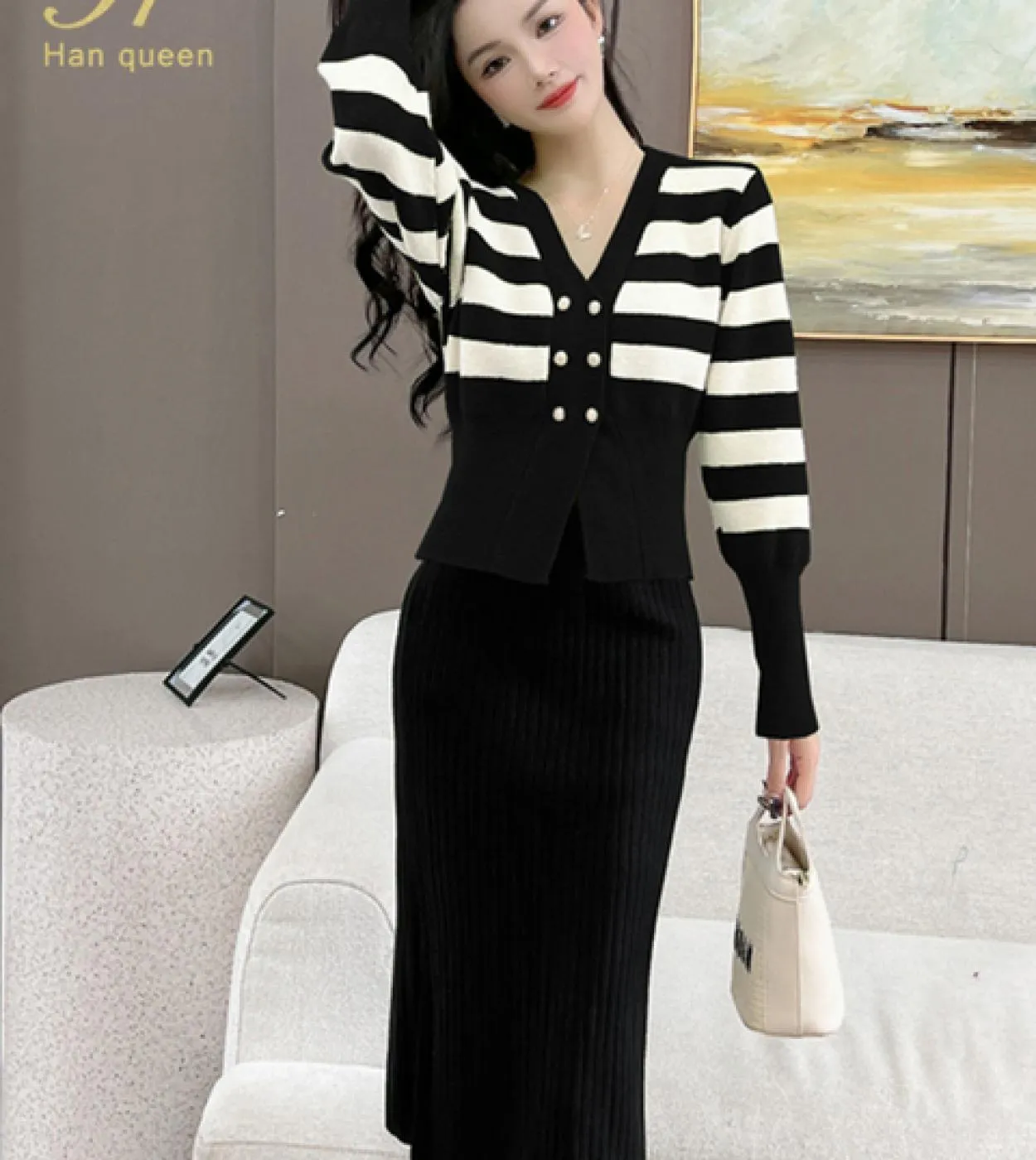 H Han Queen Donna 2022 Elegante Moda Casual Lavorato a Maglia 2 Pezzi Set Scollo a V Strisce Top  Gonna a Matita Abito Gonna Se