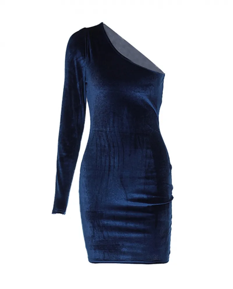 Hirigin Solid Abito da donna in velluto a maniche lunghe con una spalla Mini Street