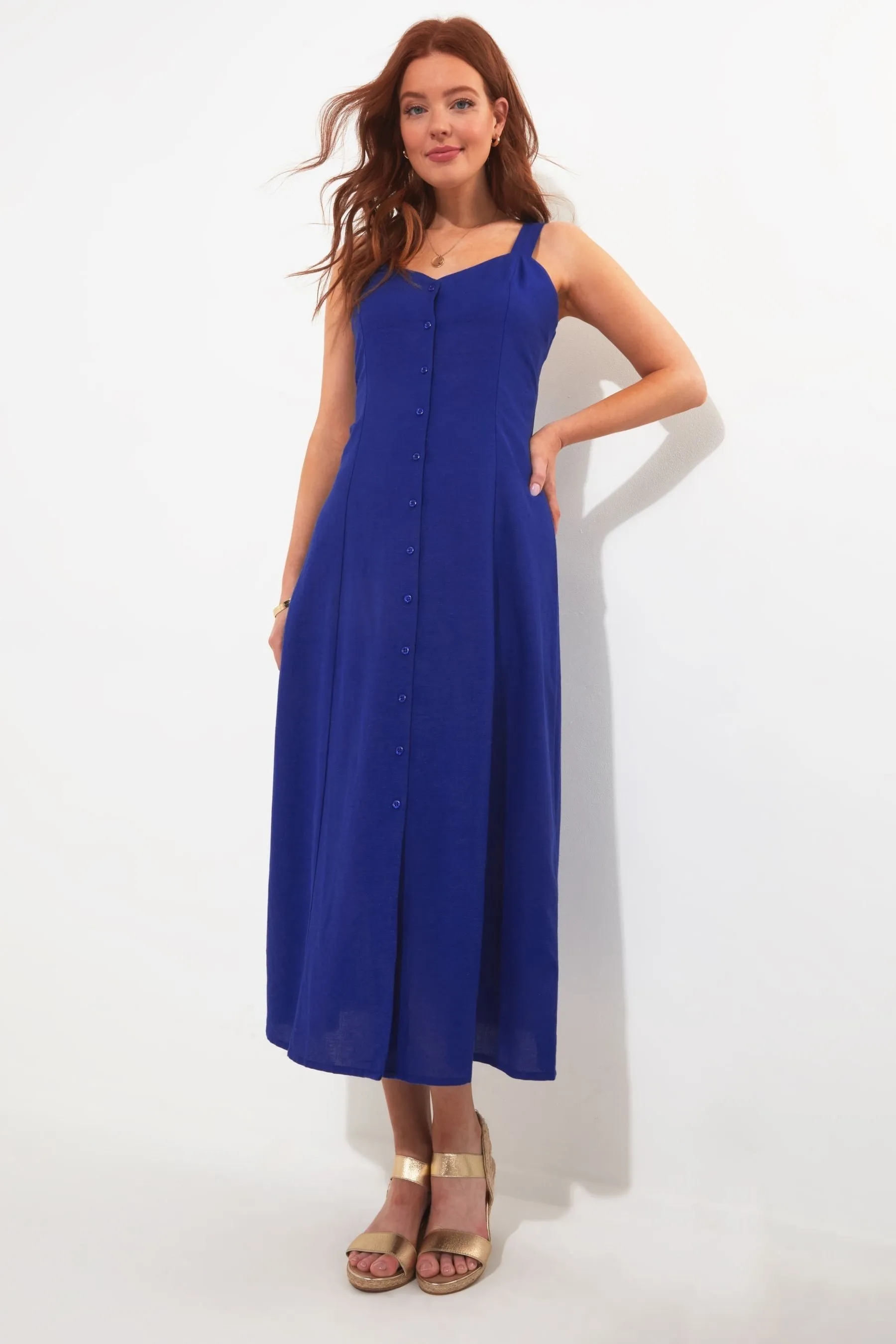 Joe Browns - Maxi abito blu cobalto in Blend Con bottoni in lino con gonna a ruota