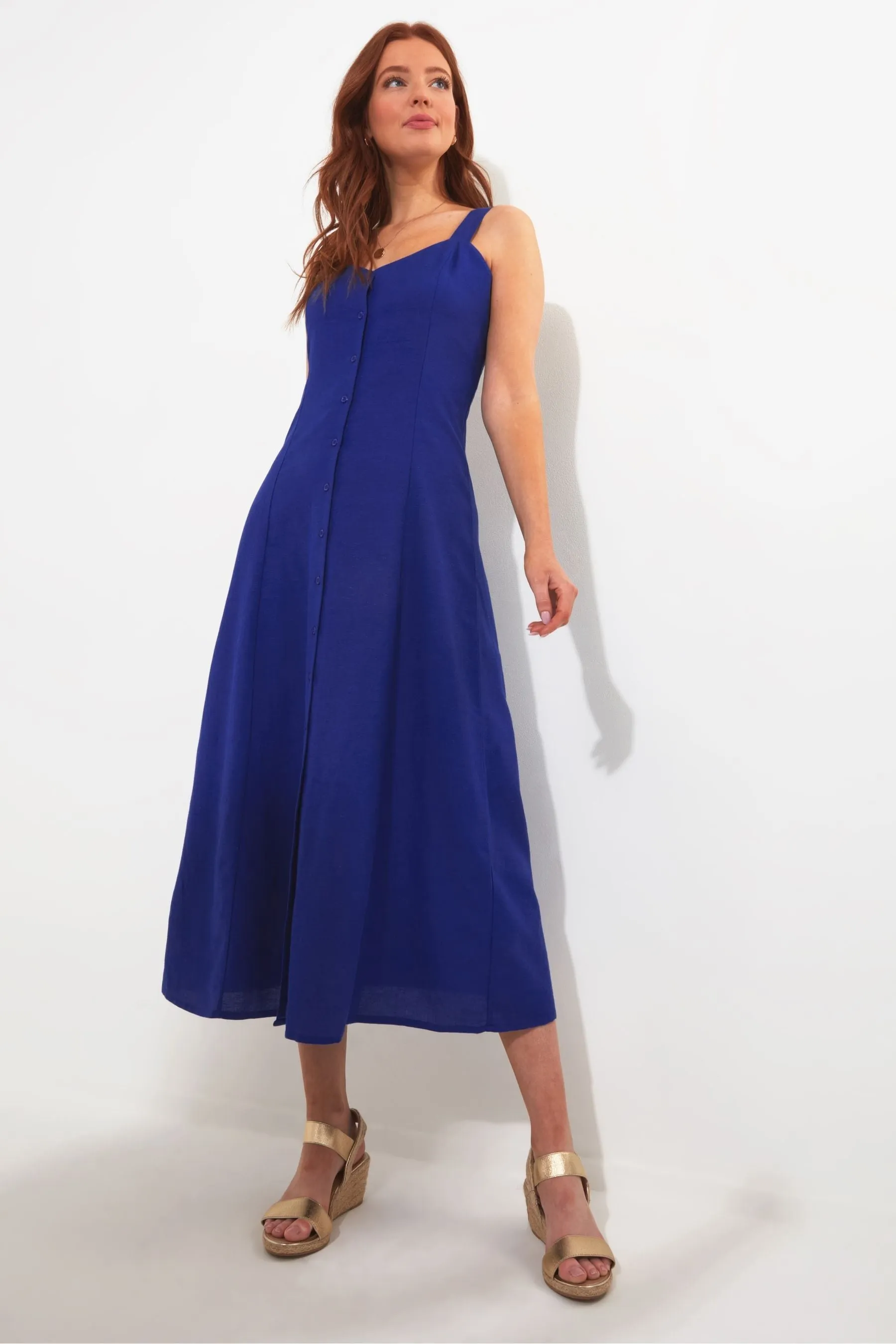 Joe Browns - Maxi abito blu cobalto in Blend Con bottoni in lino con gonna a ruota