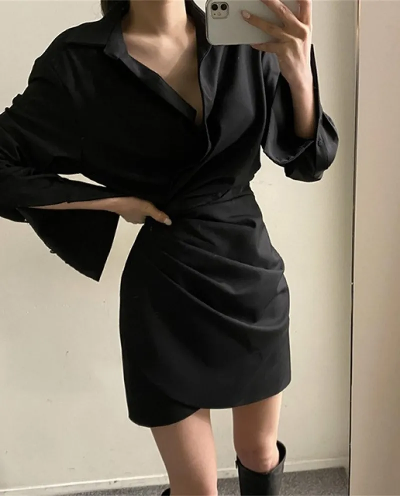 Mini abito a camicia bianca increspato Womes Abito aderente con spalla imbottita alla moda Vestido Abito da donna da ufficio a v