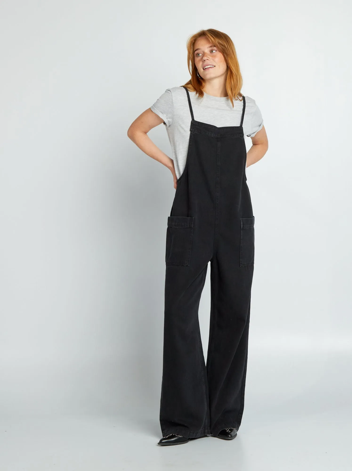 Salopette larga in jeans - GRIGIO