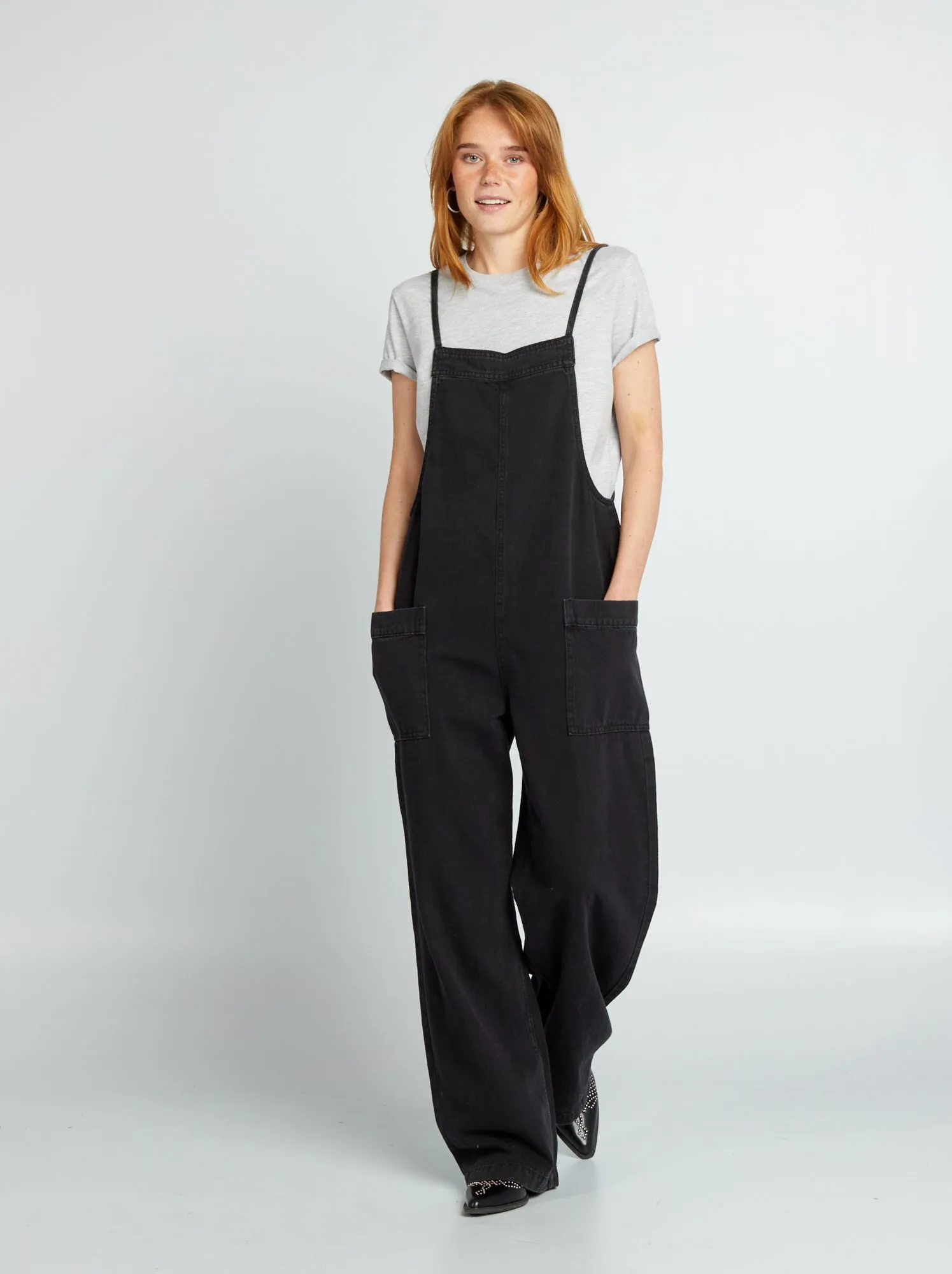Salopette larga in jeans - GRIGIO