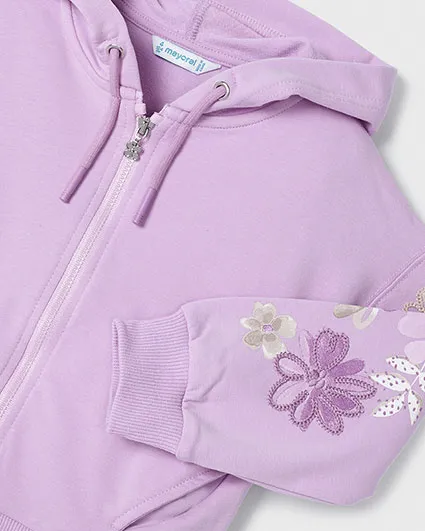 Tuta lilla in cotone stretch con cappuccio e ricami floreali 3-7 anni