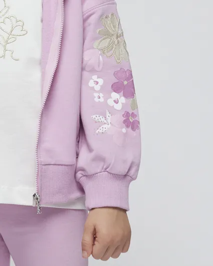 Tuta lilla in cotone stretch con cappuccio e ricami floreali 3-7 anni