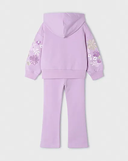Tuta lilla in cotone stretch con cappuccio e ricami floreali 3-7 anni