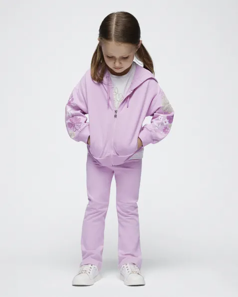 Tuta lilla in cotone stretch con cappuccio e ricami floreali 3-7 anni